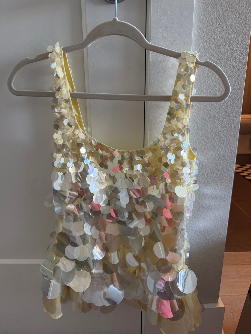 ARRANGE embellished disc sequin top in buttermilk